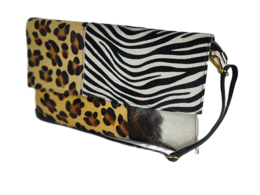 Charlie Leather Labelle Black & Leopard/Zebra Fur Small/Med Clutch/Crossbody–NWT